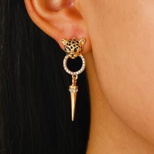 Leopard Head Cone Pendant Rhinestone  Earrings
